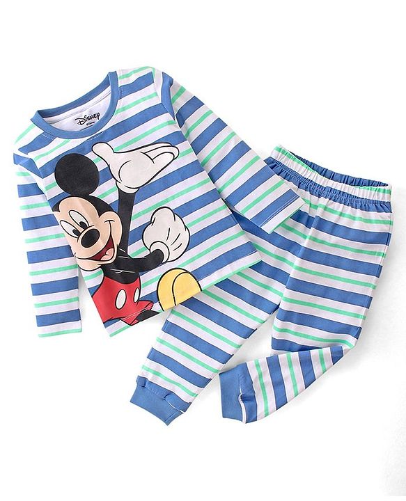 Babyhug Disney Cotton Single Jersey Knit Full Sleeves Striped Night Suit Mickey Mouse Print - Blue