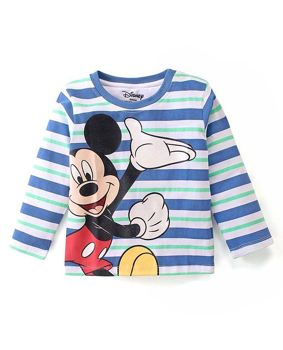 Babyhug Disney Cotton Single Jersey Knit Full Sleeves Striped Night Suit Mickey Mouse Print - Blue