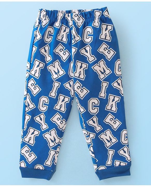 Babyhug Disney Cotton Knit Full Sleeves Night Suit With Mickey Mouse Graphics - White & Blue