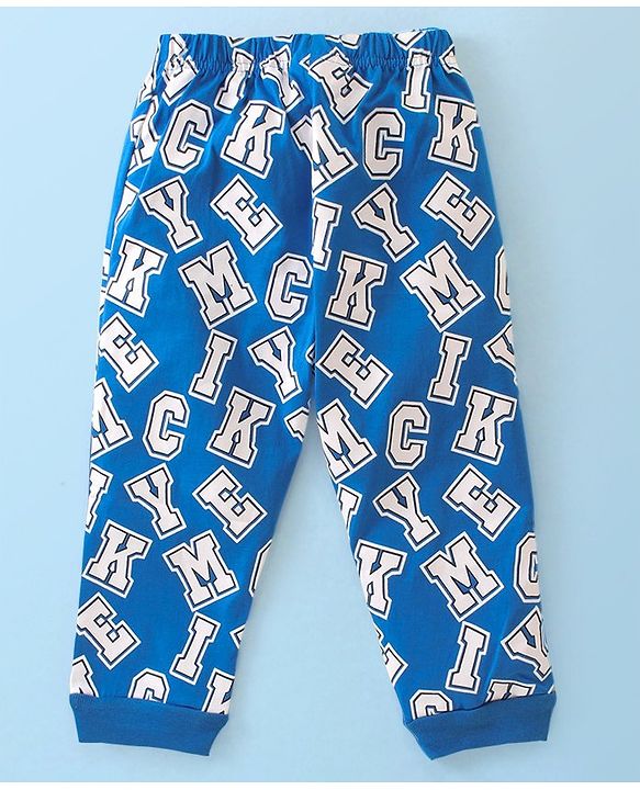 Babyhug Disney Cotton Knit Full Sleeves Night Suit With Mickey Mouse Graphics - White & Blue