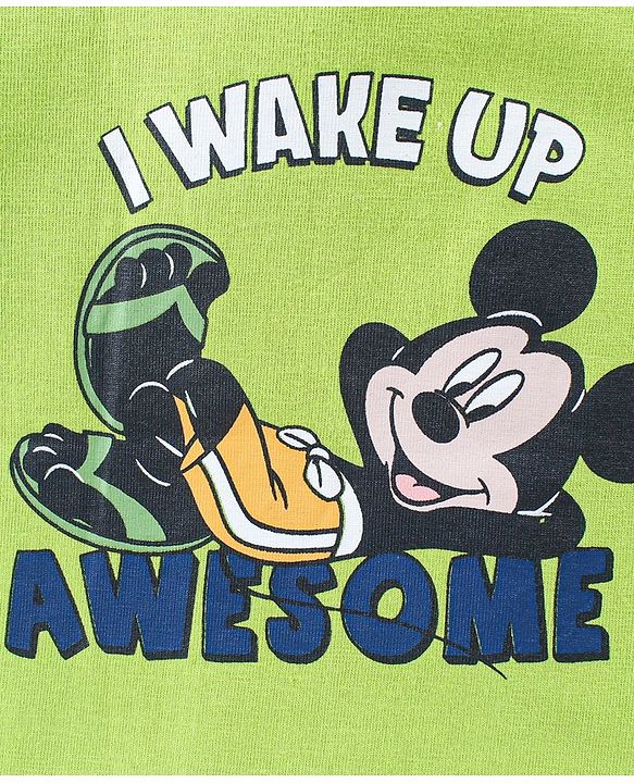 Babyhug Disney Cotton Knit Half Sleeves Shorts Night Suit With Mickey Mouse Graphics - Light Green & Blue