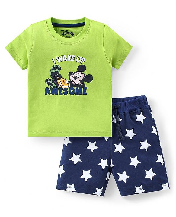Babyhug Disney Cotton Knit Half Sleeves Shorts Night Suit With Mickey Mouse Graphics - Light Green & Blue