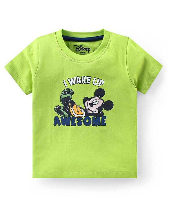 Babyhug Disney Cotton Knit Half Sleeves Shorts Night Suit With Mickey Mouse Graphics - Light Green & Blue