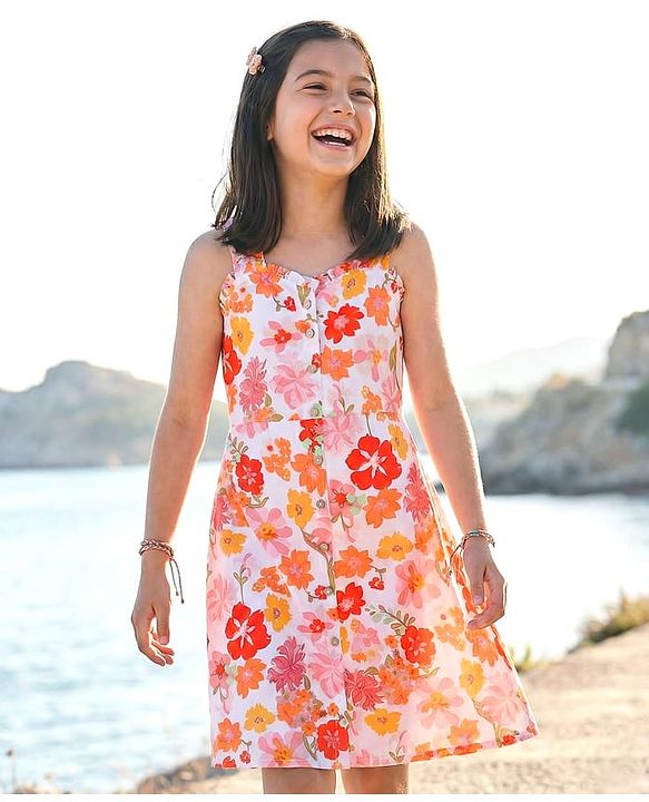 Pine Kids Sleeveless Floral Printed A-Line Frock - White & Pink