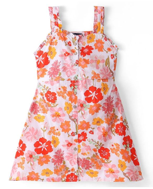 Pine Kids Sleeveless Floral Printed A-Line Frock - White & Pink