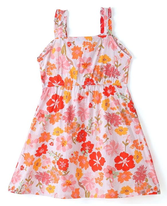 Pine Kids Sleeveless Floral Printed A-Line Frock - White & Pink