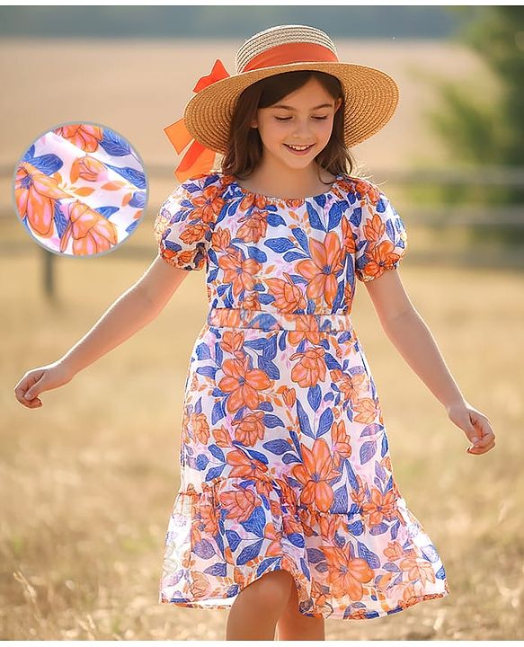 Pine Kids Cotton Woven Half Sleeves Frock with Floral Print - White