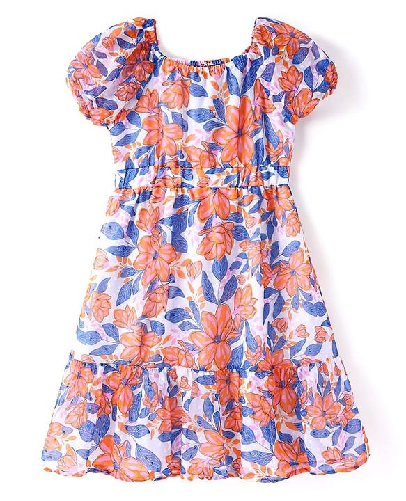 Pine Kids Cotton Woven Half Sleeves Frock with Floral Print - White