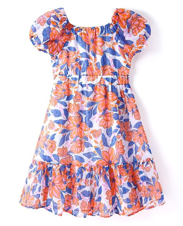 Pine Kids Cotton Woven Half Sleeves Frock with Floral Print - White