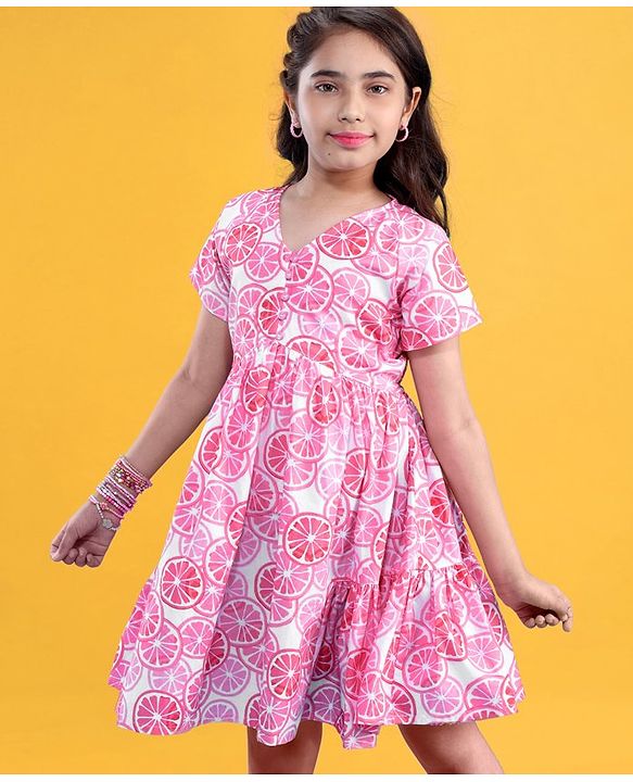 Pine Kids Cotton Woven Half Sleeves Frock Orange Print - Snow White & Pink