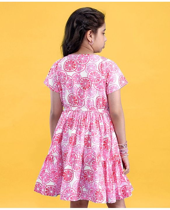 Pine Kids Cotton Woven Half Sleeves Frock Orange Print - Snow White & Pink