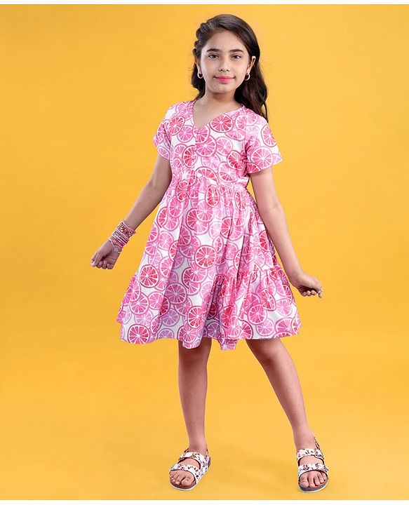 Pine Kids Cotton Woven Half Sleeves Frock Orange Print - Snow White & Pink
