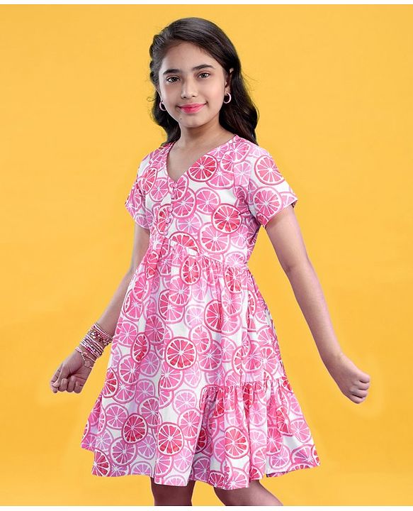 Pine Kids Cotton Woven Half Sleeves Frock Orange Print - Snow White & Pink
