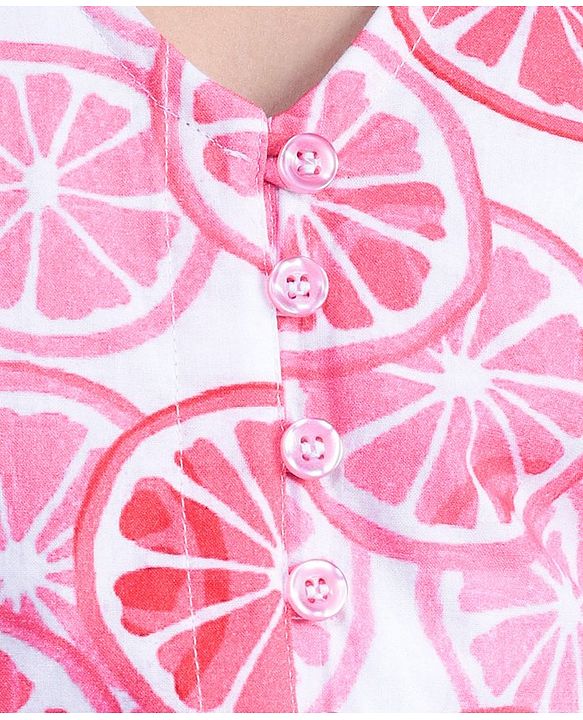 Pine Kids Cotton Woven Half Sleeves Frock Orange Print - Snow White & Pink