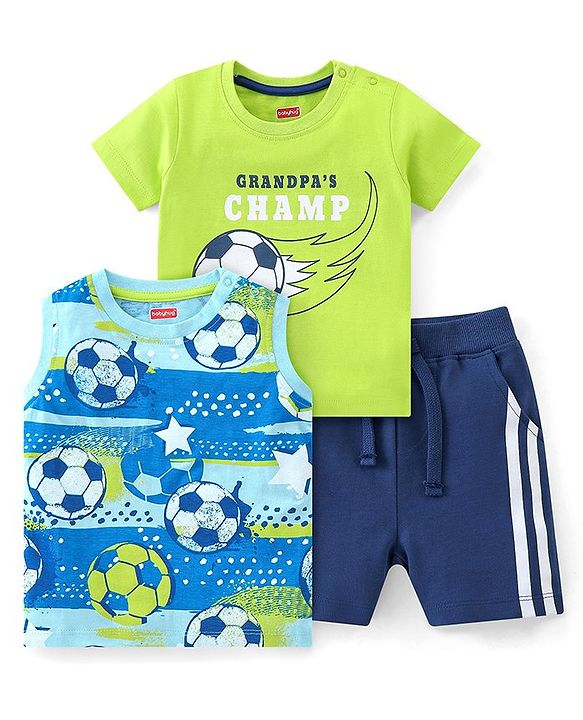 Babyhug Cotton Knit Half Sleeves Soccer Printed T-Shirt with Shorts Set - Green & Navy Blue
