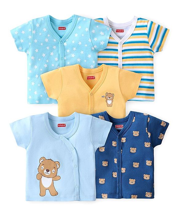 Babyhug 100% Cotton Knit Half Sleeves Front Open Vests Stripes & Bear Print Pack of 5 - White Yellow & Blue