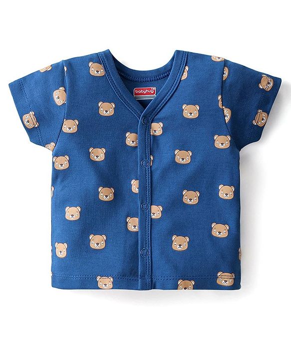 Babyhug 100% Cotton Knit Half Sleeves Front Open Vests Stripes & Bear Print Pack of 5 - White Yellow & Blue