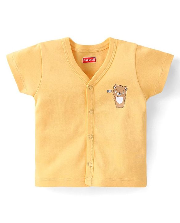 Babyhug 100% Cotton Knit Half Sleeves Front Open Vests Stripes & Bear Print Pack of 5 - White Yellow & Blue