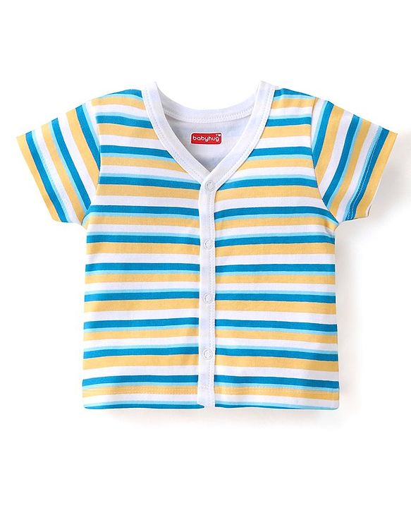 Babyhug 100% Cotton Knit Half Sleeves Front Open Vests Stripes & Bear Print Pack of 5 - White Yellow & Blue