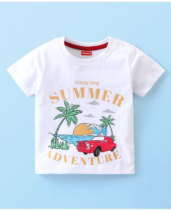 Babyhug Single Jersey Knit Half Sleeves T-Shirts & Shorts Set with Beach Theme Print - White Yellow & Blue