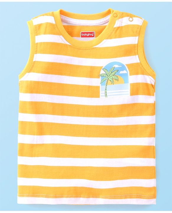 Babyhug Single Jersey Knit Half Sleeves T-Shirts & Shorts Set with Beach Theme Print - White Yellow & Blue