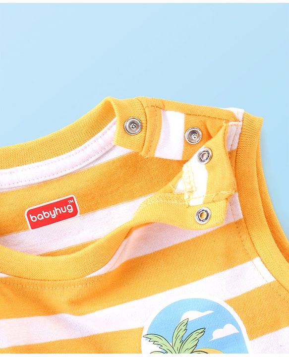 Babyhug Single Jersey Knit Half Sleeves T-Shirts & Shorts Set with Beach Theme Print - White Yellow & Blue