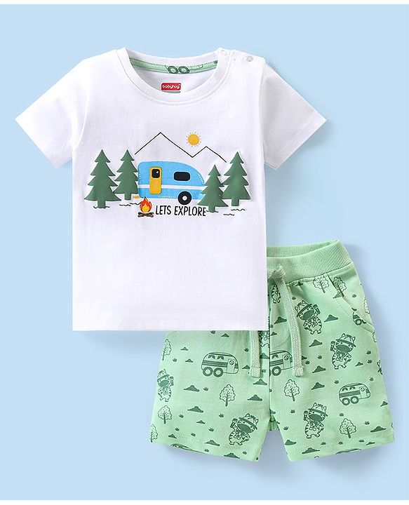 Babyhug 100% Cotton Knit Single Jersey Half Sleeves T-Shirt & Shorts With Mountain Theme Print - White & Green