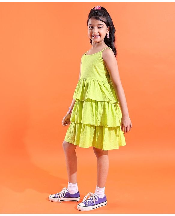 Pine Kids 100% Cotton Woven Sleeveless Texture Frock - Lime Green