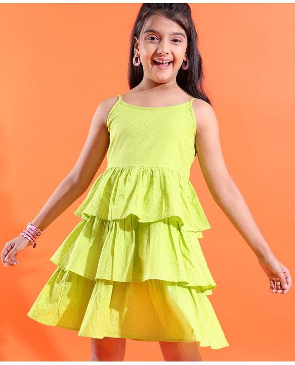 Pine Kids 100% Cotton Woven Sleeveless Texture Frock - Lime Green