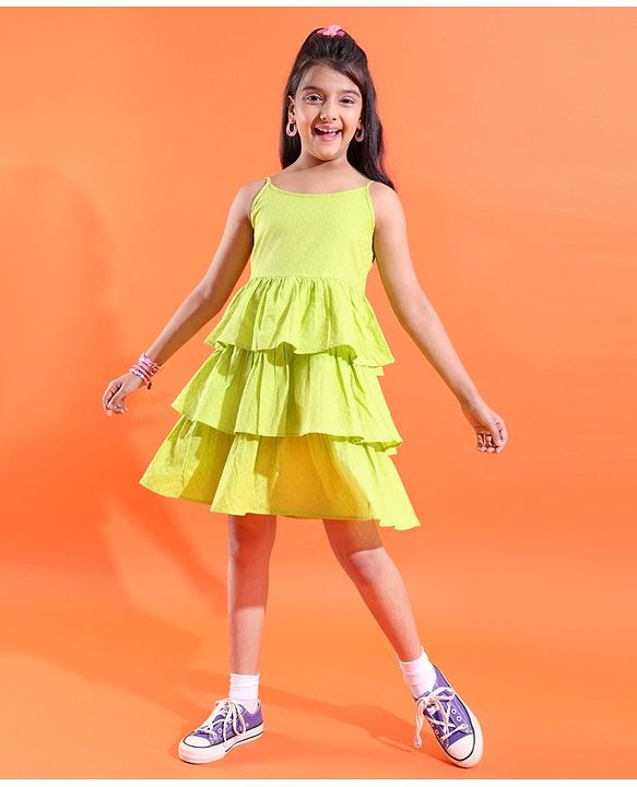 Pine Kids 100% Cotton Woven Sleeveless Texture Frock - Lime Green