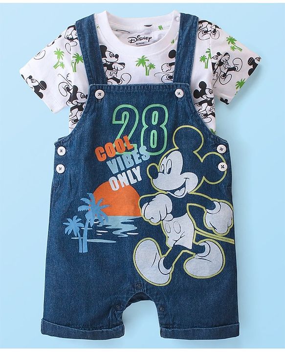 Babyhug Disney 100% Cotton Knit Dungaree & Half Sleeves T-Shirt With Mickey Mouse Print - White & Blue