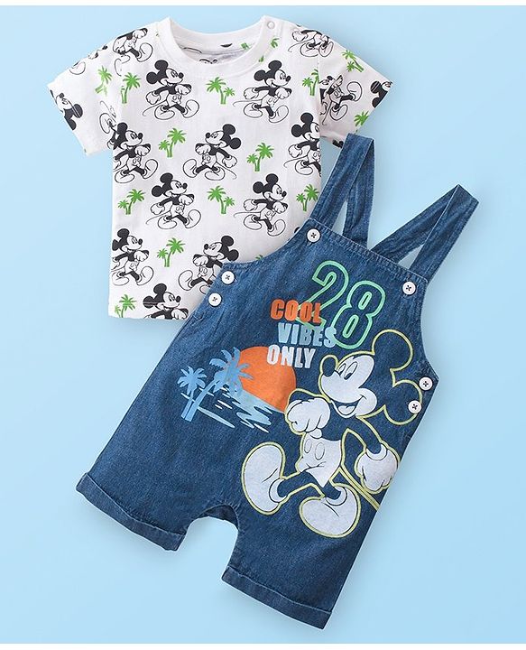 Babyhug Disney 100% Cotton Knit Dungaree & Half Sleeves T-Shirt With Mickey Mouse Print - White & Blue