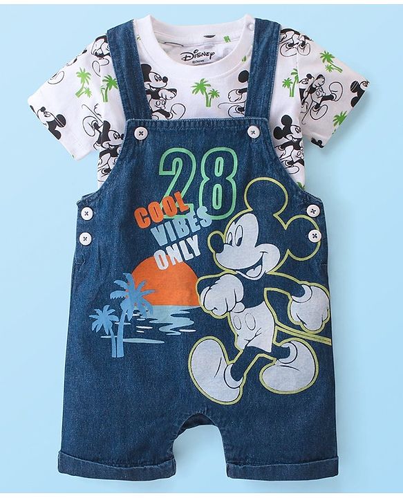 Babyhug Disney 100% Cotton Knit Dungaree & Half Sleeves T-Shirt With Mickey Mouse Print - White & Blue