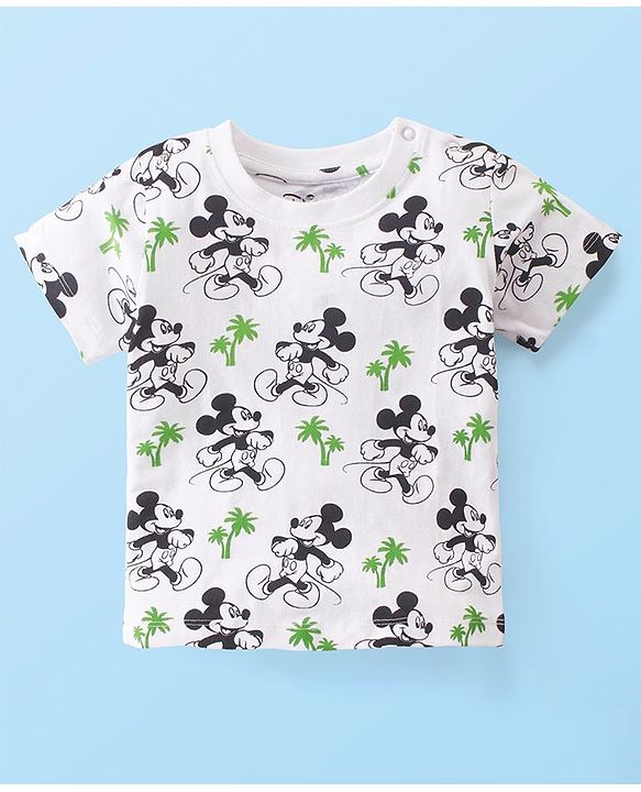 Babyhug Disney 100% Cotton Knit Dungaree & Half Sleeves T-Shirt With Mickey Mouse Print - White & Blue