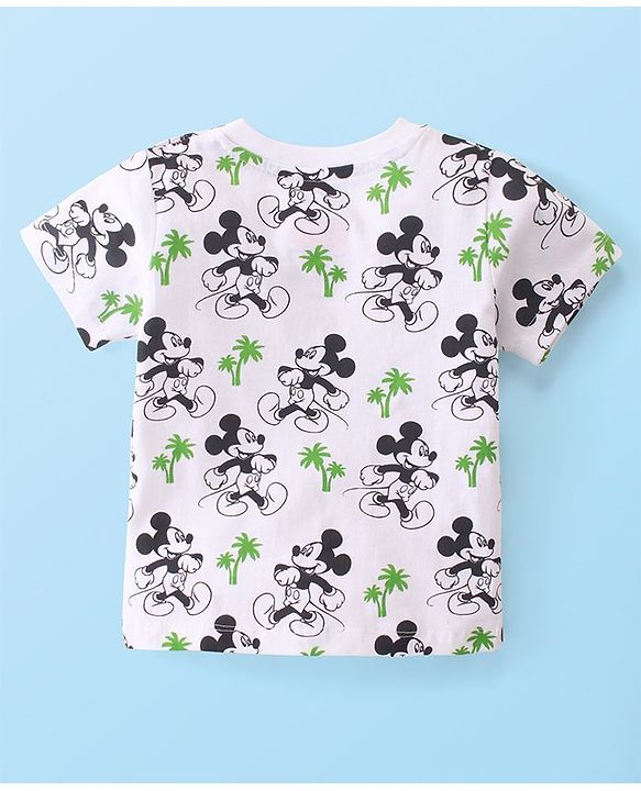 Babyhug Disney 100% Cotton Knit Dungaree & Half Sleeves T-Shirt With Mickey Mouse Print - White & Blue