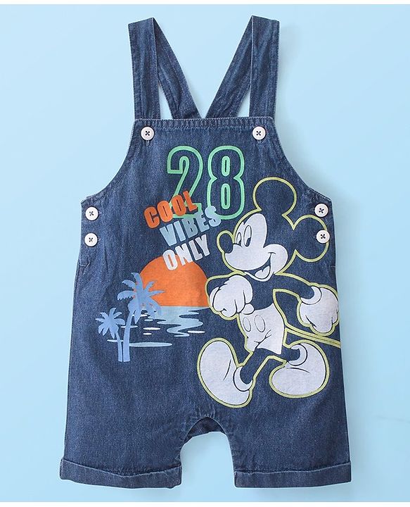 Babyhug Disney 100% Cotton Knit Dungaree & Half Sleeves T-Shirt With Mickey Mouse Print - White & Blue