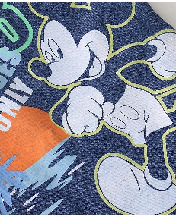 Babyhug Disney 100% Cotton Knit Dungaree & Half Sleeves T-Shirt With Mickey Mouse Print - White & Blue