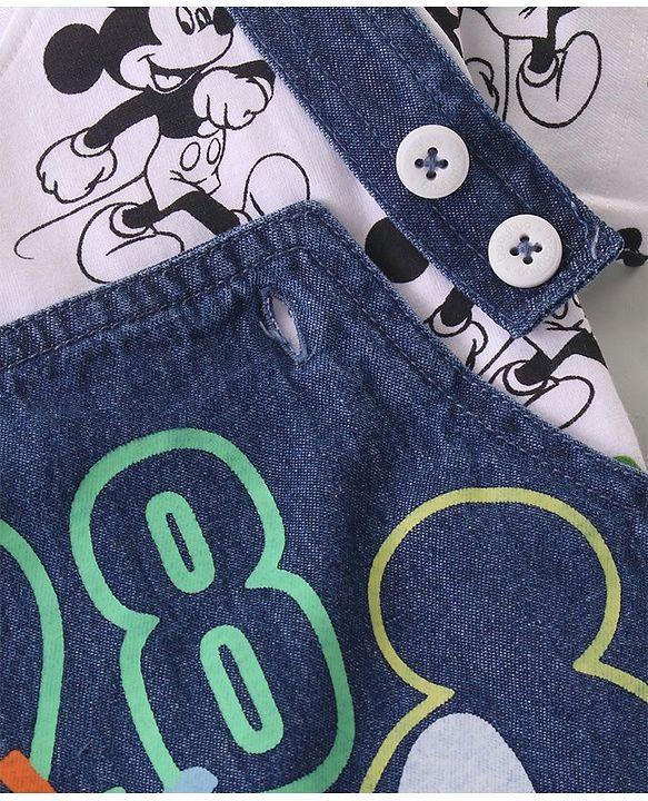 Babyhug Disney 100% Cotton Knit Dungaree & Half Sleeves T-Shirt With Mickey Mouse Print - White & Blue