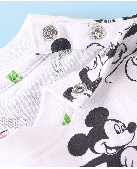 Babyhug Disney 100% Cotton Knit Dungaree & Half Sleeves T-Shirt With Mickey Mouse Print - White & Blue