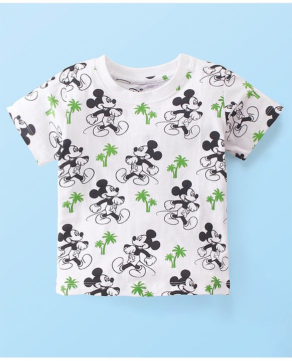 Babyhug Disney 100% Cotton Knit Dungaree & Half Sleeves T-Shirt With Mickey Mouse Print - White & Blue