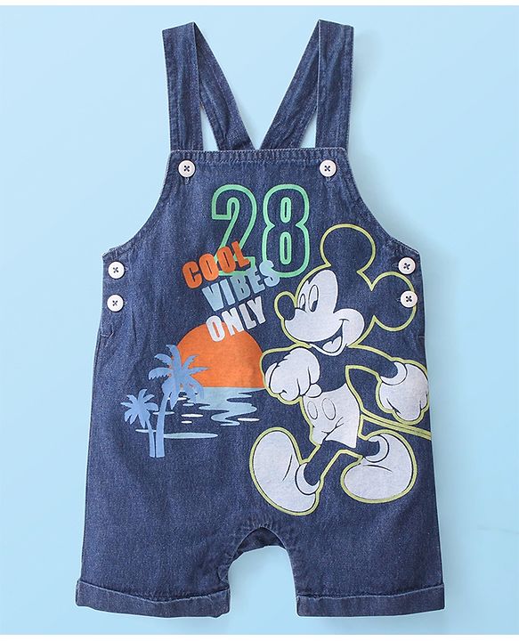 Babyhug Disney 100% Cotton Knit Dungaree & Half Sleeves T-Shirt With Mickey Mouse Print - White & Blue