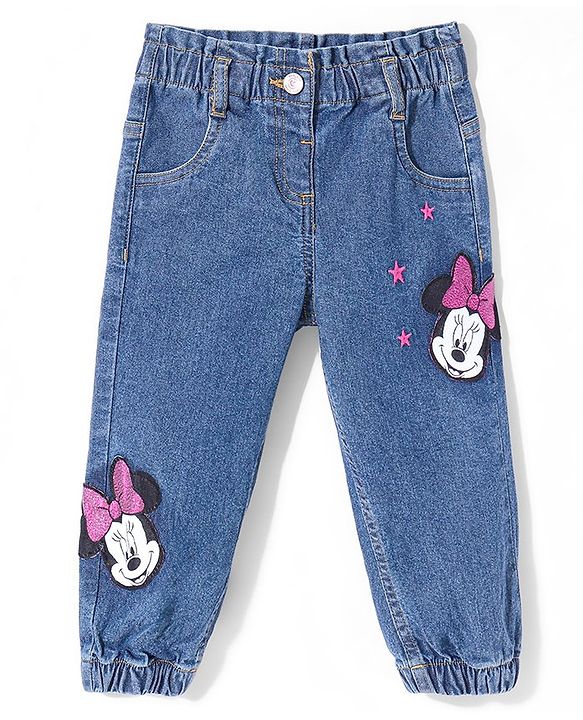 Babyhug Disney Denim Full Length  Jeans with Minnie Mouse Graphics -Blue