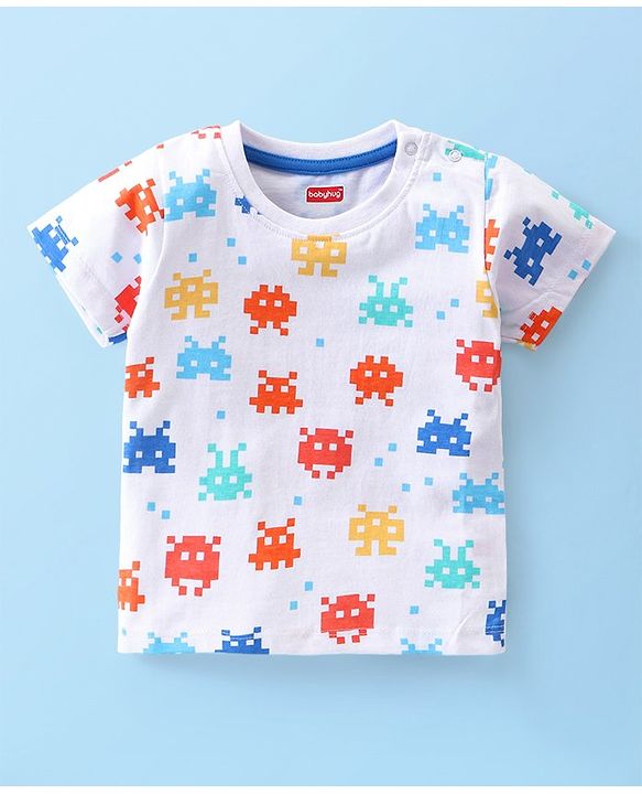 Babyhug Single Jersey Knit Half Sleeves Printed  T-Shirt & Shorts Set - White & Blue