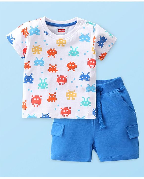 Babyhug Single Jersey Knit Half Sleeves Printed  T-Shirt & Shorts Set - White & Blue