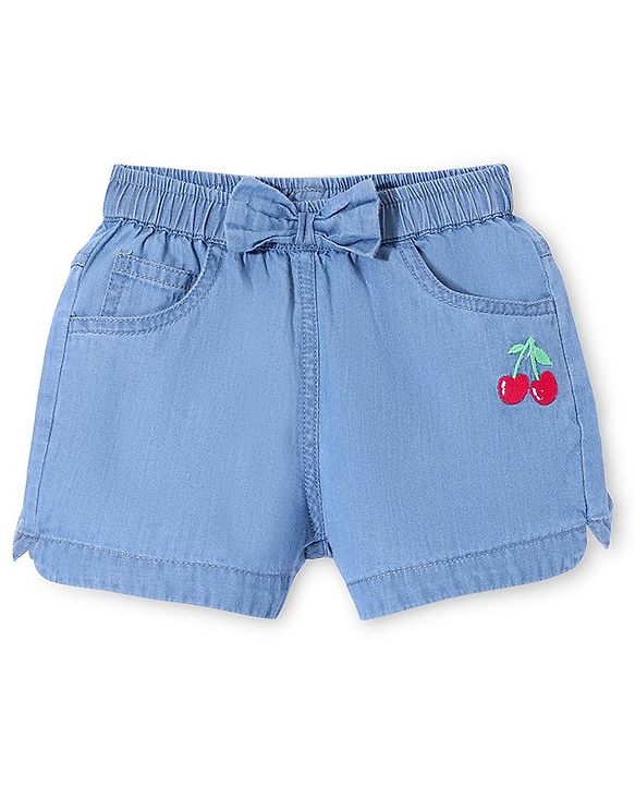 Babyhug Denim Mid Thigh Cherry Embroidered Shorts - Blue