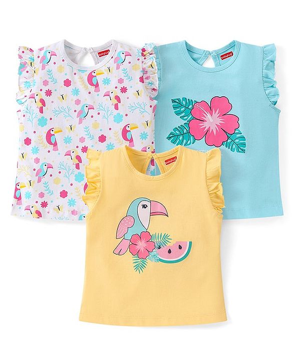 Babyhug Cotton Knit Frill Sleeves Top with Floral & Bird Print Pack of 3 - Multicolor
