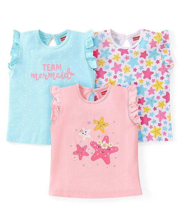 Babyhug Cotton Knit Frill Sleeves Top with Star & Text Print Pack of 3 - Multicolor