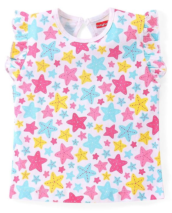 Babyhug Cotton Knit Frill Sleeves Top with Star & Text Print Pack of 3 - Multicolor
