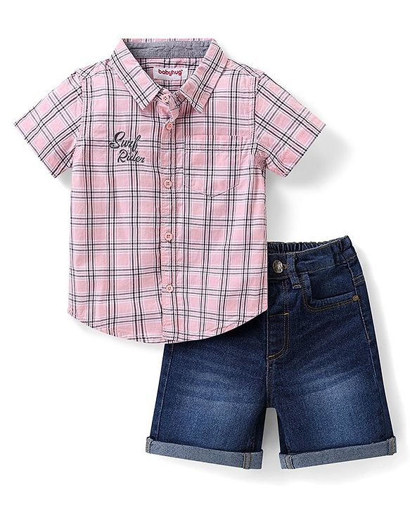 Babyhug Cotton Woven Half Sleeves Checks Shirt & Denim Shorts Set - Pink & Blue
