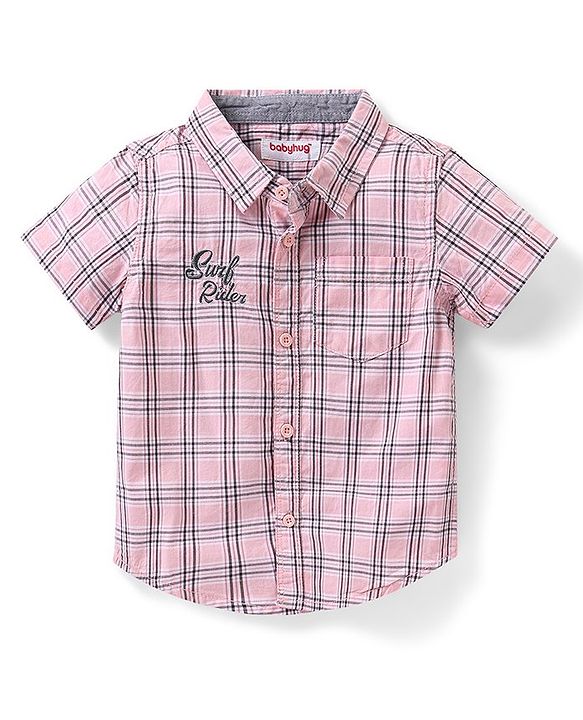 Babyhug Cotton Woven Half Sleeves Checks Shirt & Denim Shorts Set - Pink & Blue